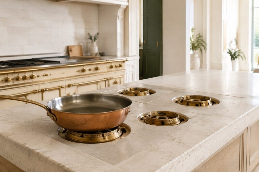 A gas cooking surface with four open brass burner crowns set into a pale limestone island, photographed at a low three-quarter angle so the island runs away to the right and a bright cream kitchen is soft behind it.