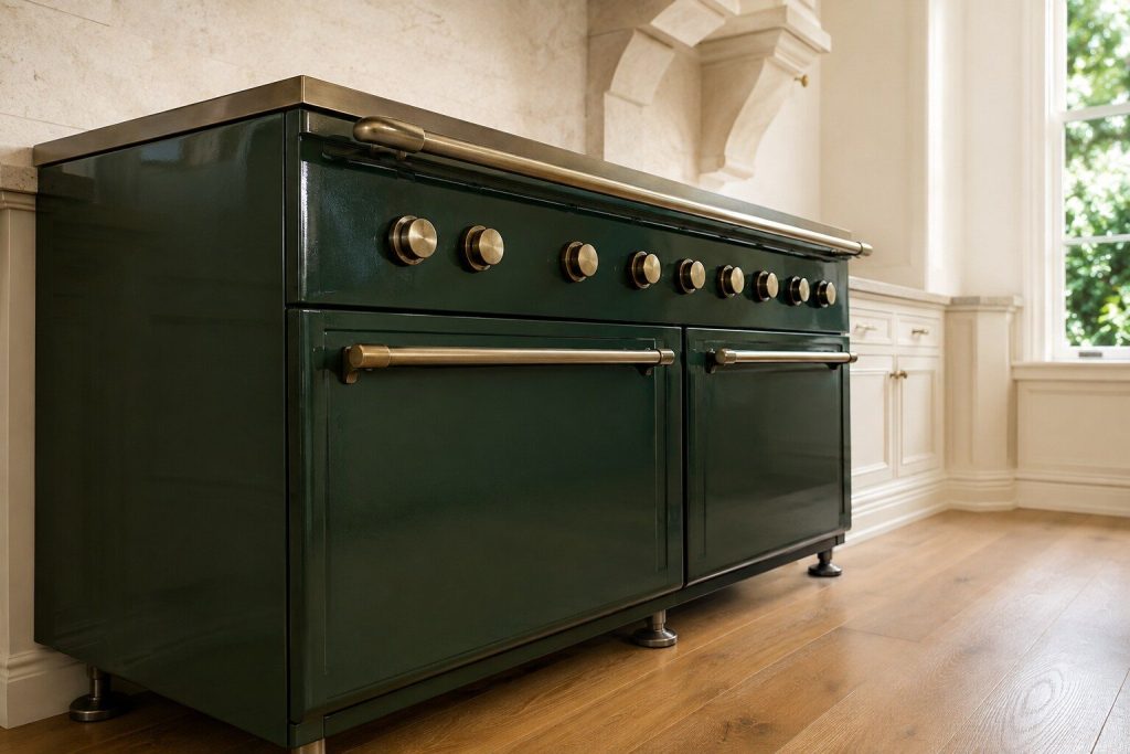 A heavy hand-built enameled range cooker photographed low from its front left corner in a bright cream kitchen, the deep colored enamel of the flank filling the left of the frame, a brass rail and a row of round brass knobs running away from the camera, two oven doors below, adjustable feet on a warm oak floor.