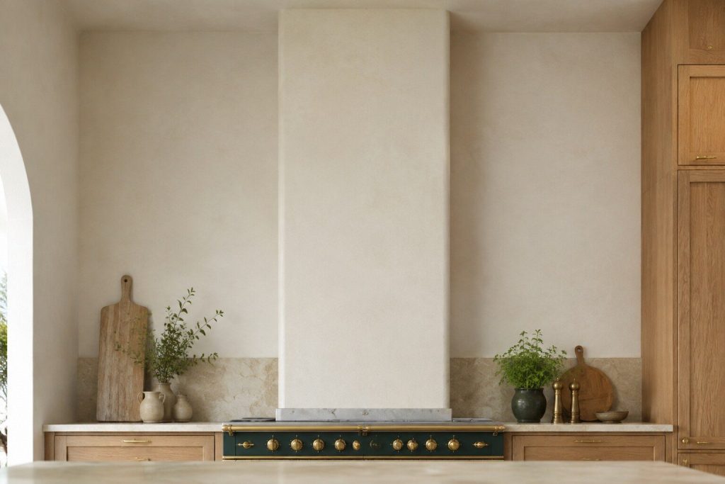 A tall chimney flue running from the top of a hood up a pale plastered wall to the ceiling, photographed square on from a little way back in bright daylight, the canopy itself cut off at the bottom of the frame.