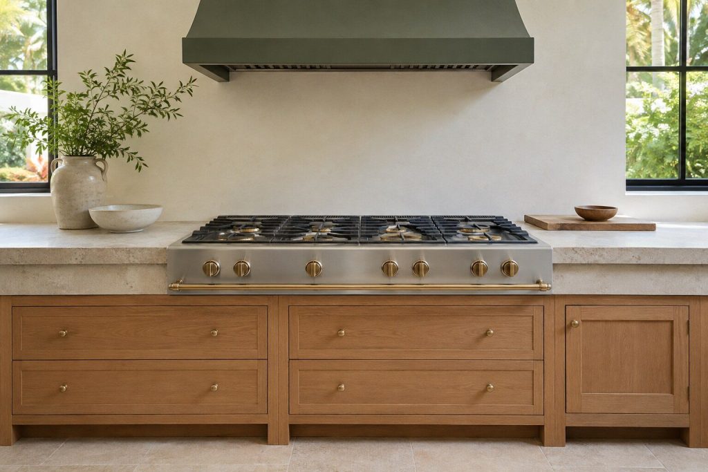 A wide stainless cooking top dropped into a counter run photographed square on from the front, so that what is beneath it is plain: two banks of oak drawers and a cupboard door, and no oven at all.
