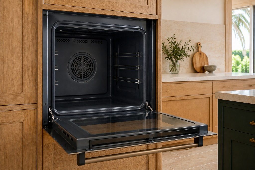 A tall electric wall oven built into a run of warm oak cabinetry, its door standing fully open on an empty cavity with a circular fan grille on the back wall and three wire shelf runners either side.