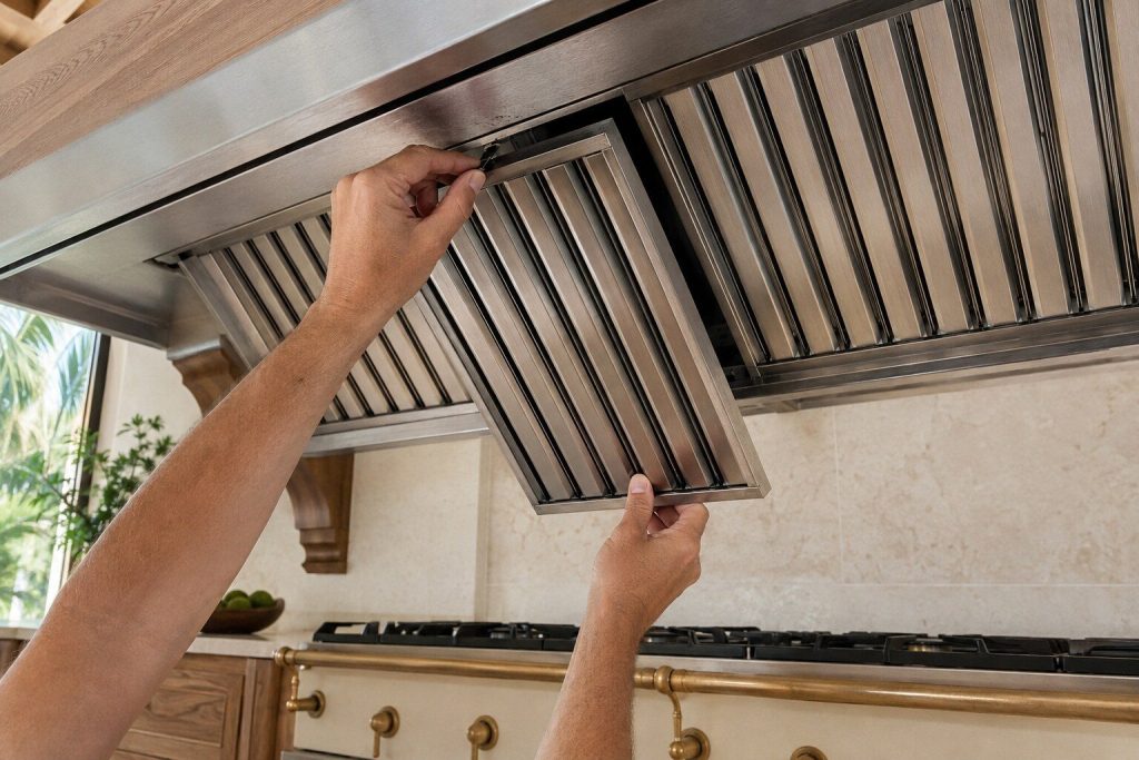 Two hands releasing the catch of one steel baffle filter and lowering it out of the underside of a hood canopy, the neighbouring filters still in place above.
