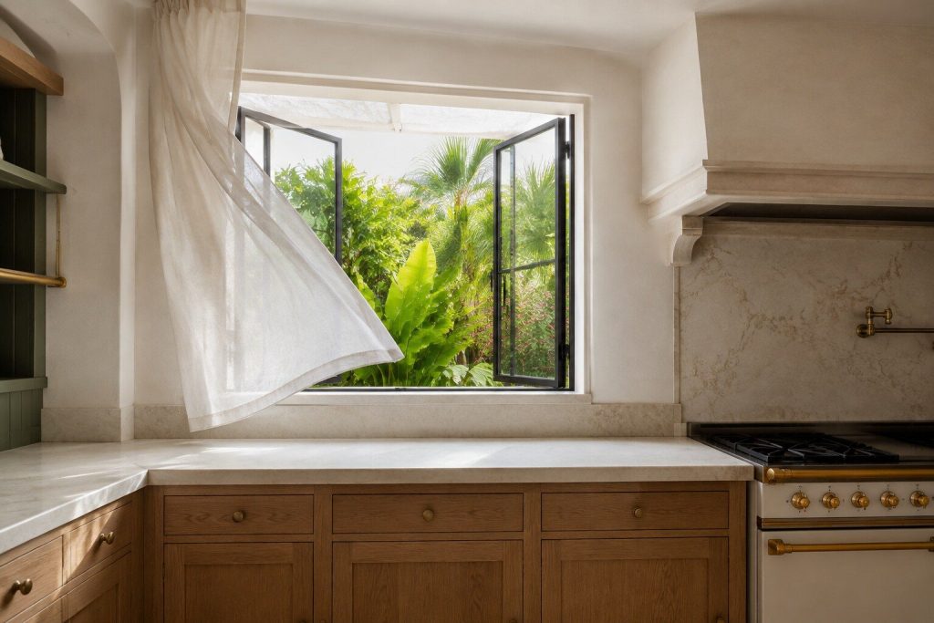 A casement window above a kitchen counter pushed wide open onto bright green planting outside, a linen curtain lifting in the draft.