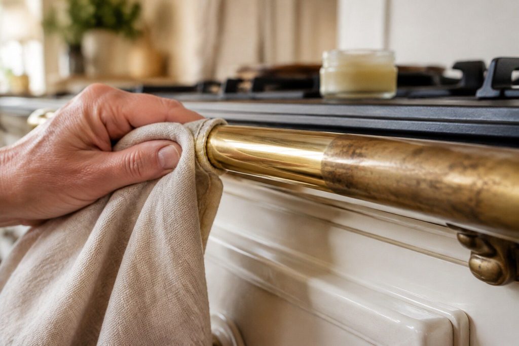 A soft cloth being drawn along a brass rail on the front of a range, the metal bright where it has passed and cloudy ahead of it.