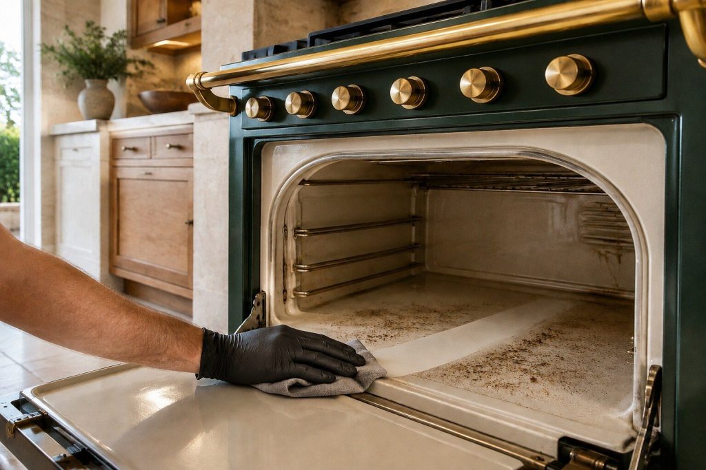 A gloved hand wiping the pale enamel floor of an arched oven cavity with a damp cloth, one clean band already wiped through the soiling.