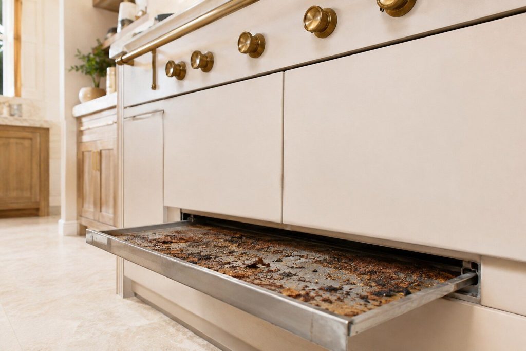 A shallow metal tray of burnt crumbs and old fat being drawn forward from the recess beneath an oven cavity, half out.