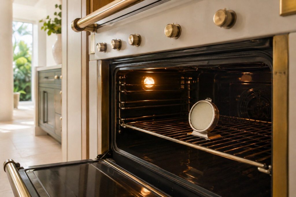 A round dial oven thermometer standing on a wire shelf inside a warm cavity, photographed at a shallow angle so the face is foreshortened and its scale cannot be read.