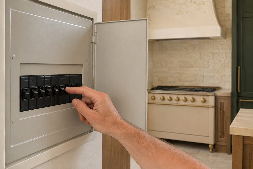 A hand on a single toggle breaker in an opened domestic electrical panel, the neighbouring breakers all in line and unlabelled.