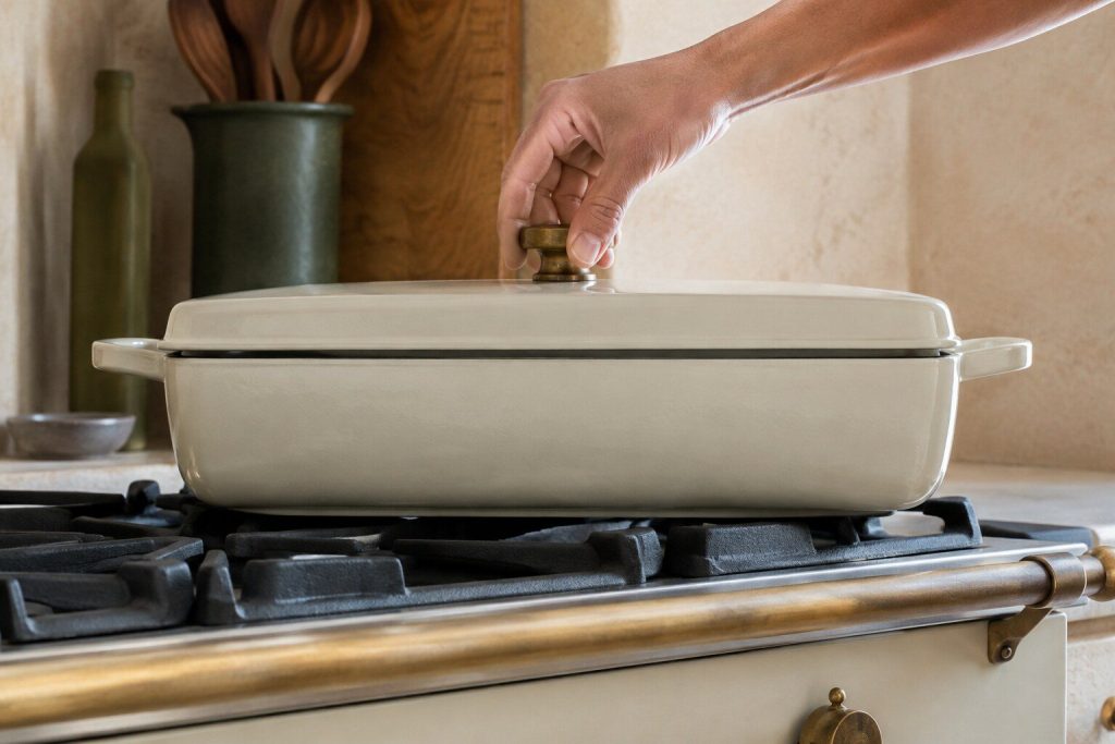 A heavy lid being lowered flat and square onto a pan standing on a burner, the last gap closing.