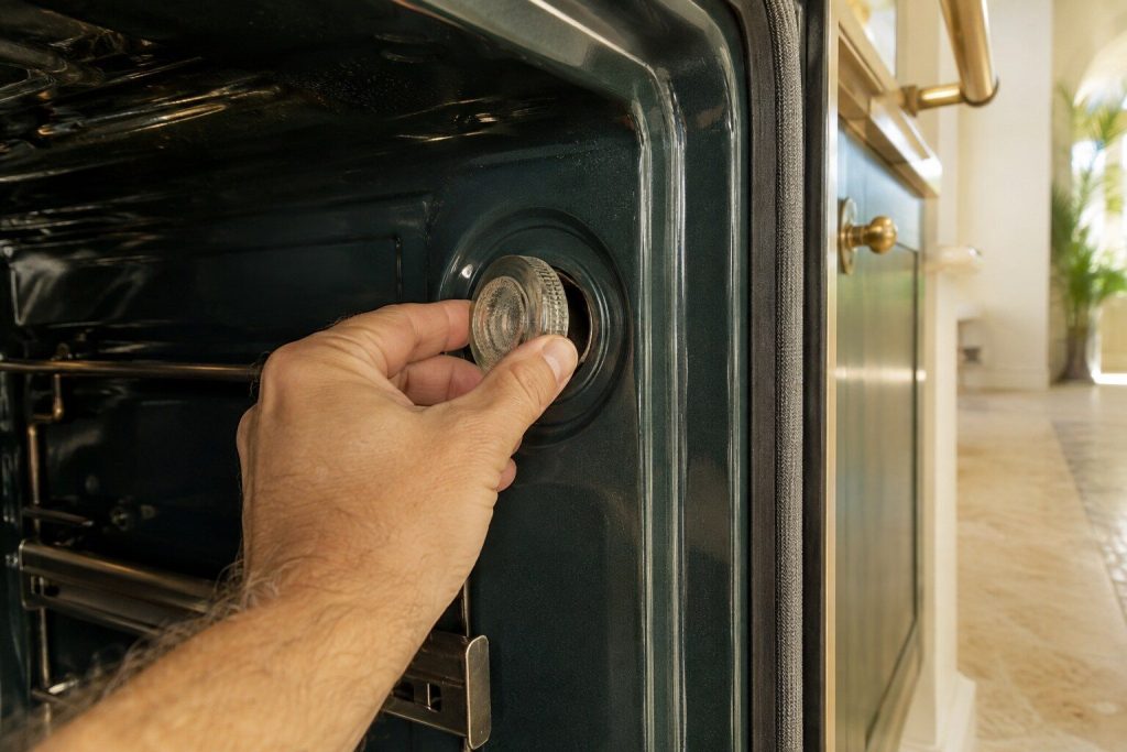 A hand unscrewing the small round glass cover from the lamp recess in the side wall of an oven cavity, the cover half turned off and the recess behind it dark.