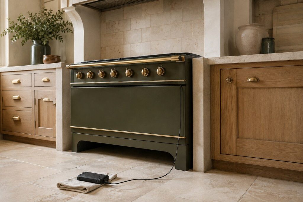 A thin instrument lead emerging from between a closed oven door and its frame and running across the floor to a meter lying face down on a cloth.