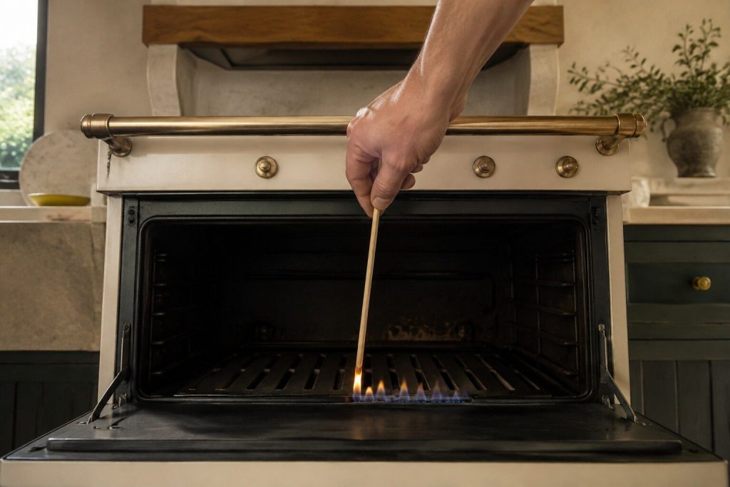 A long match held down to the slotted burner cover in the floor of an oven, the flame just catching along the first slots.