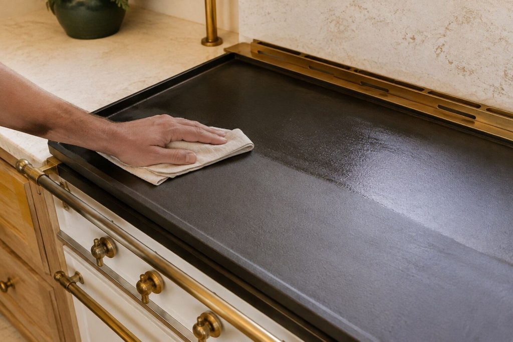 A folded cloth spreading a thin film of oil across the warm surface of a cast-iron plate, a faint sheen where it has passed and a matt gray ahead of it.