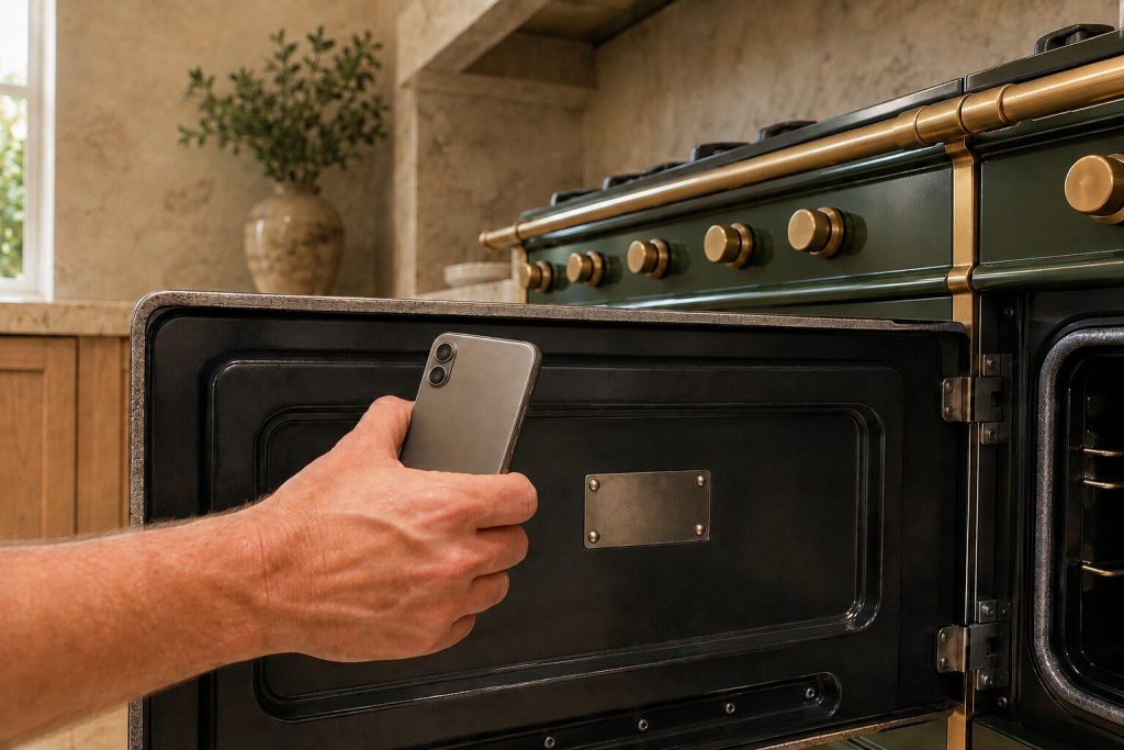 A phone held up in one hand photographing a small blank metal plate riveted inside the frame of an opened appliance door, the phone screen turned away from the camera.