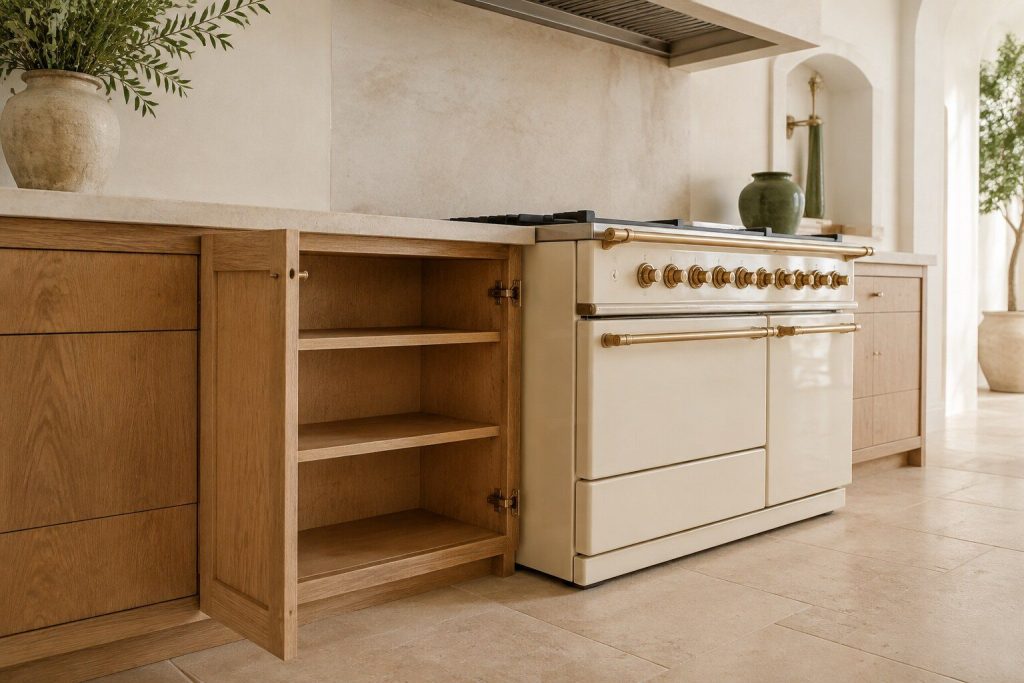 A run of warm oak cabinetry with one plain cupboard door standing open on empty timber shelves, immediately beside the enameled flank of a range.