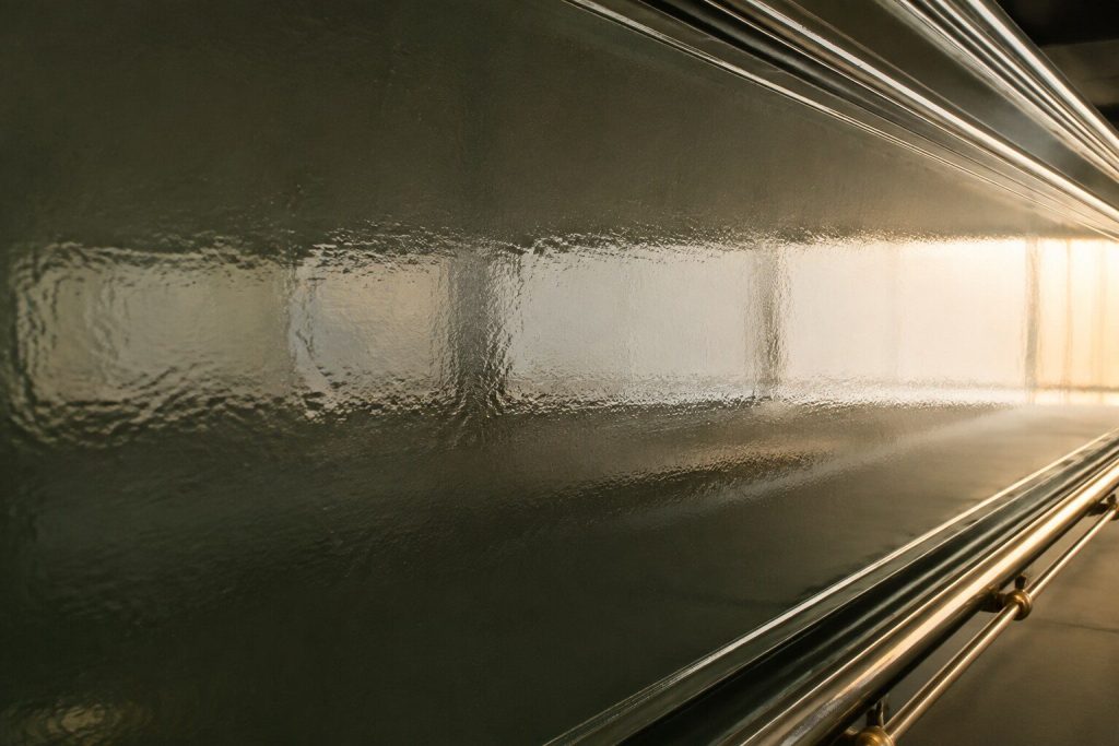 A long raking view down the colored enameled flank of a range, the glaze deep enough to hold a soft reflection of the window along its whole length.