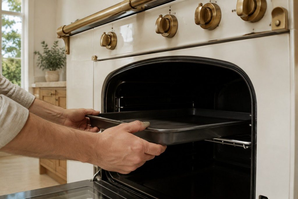 Two hands sliding a heavy roasting tray onto the middle shelf runner of an arched oven cavity, the tray half in.