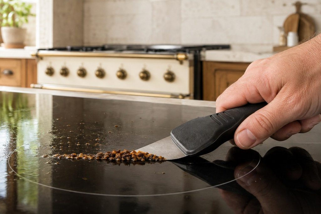 A plastic-handled blade scraper held almost flat against a black ceramic surface, pushing a small ridge of dried residue ahead of it.