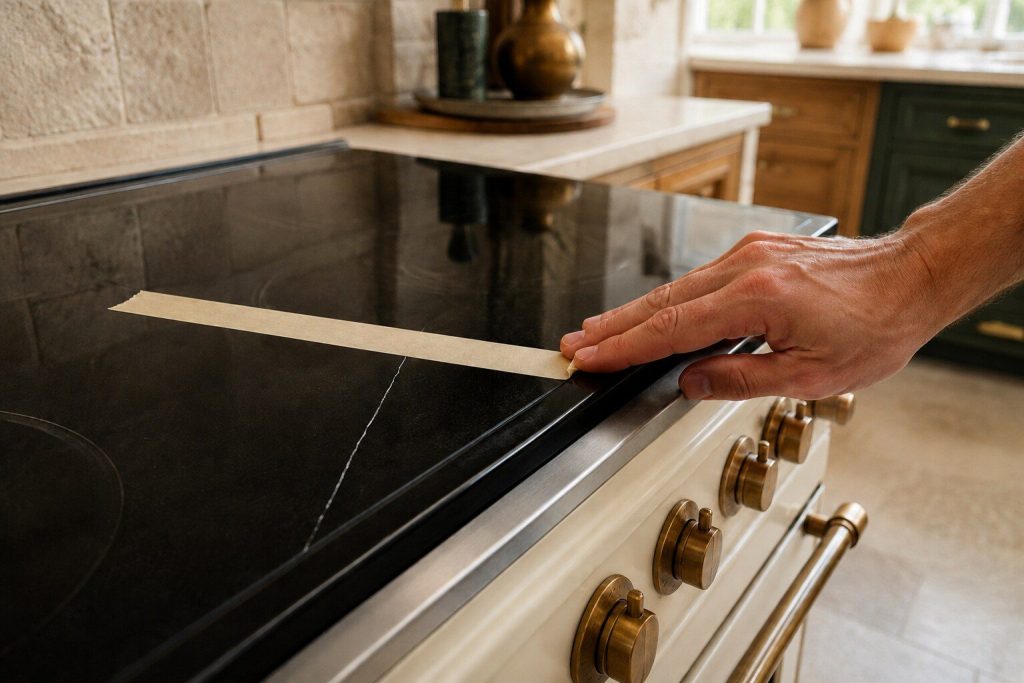 A strip of masking tape pressed across a crack in a black ceramic cooking surface, a hand smoothing the last of it down.