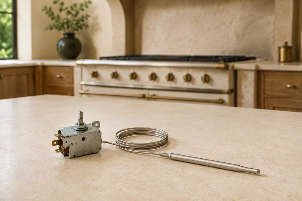 An oven thermostat body with its long capillary tube coiled beside it and its sensing bulb laid out straight, on a plain bench in daylight.