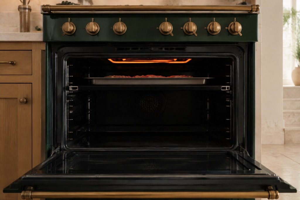 A shallow tray of food on the top runner of an oven directly under a broil element glowing dull orange across the roof of the cavity, seen through the open door.