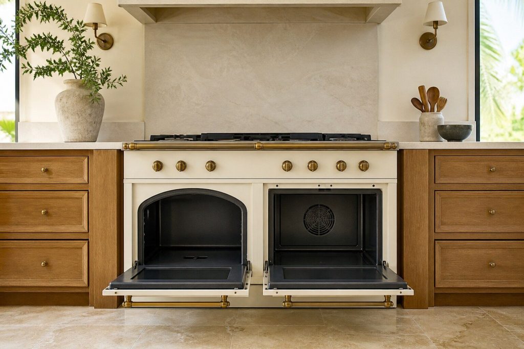 Both oven doors of a single range standing open square to the camera: the left cavity arched and plain with a burner slot in its floor, the right one square with a circular fan grille at the back.