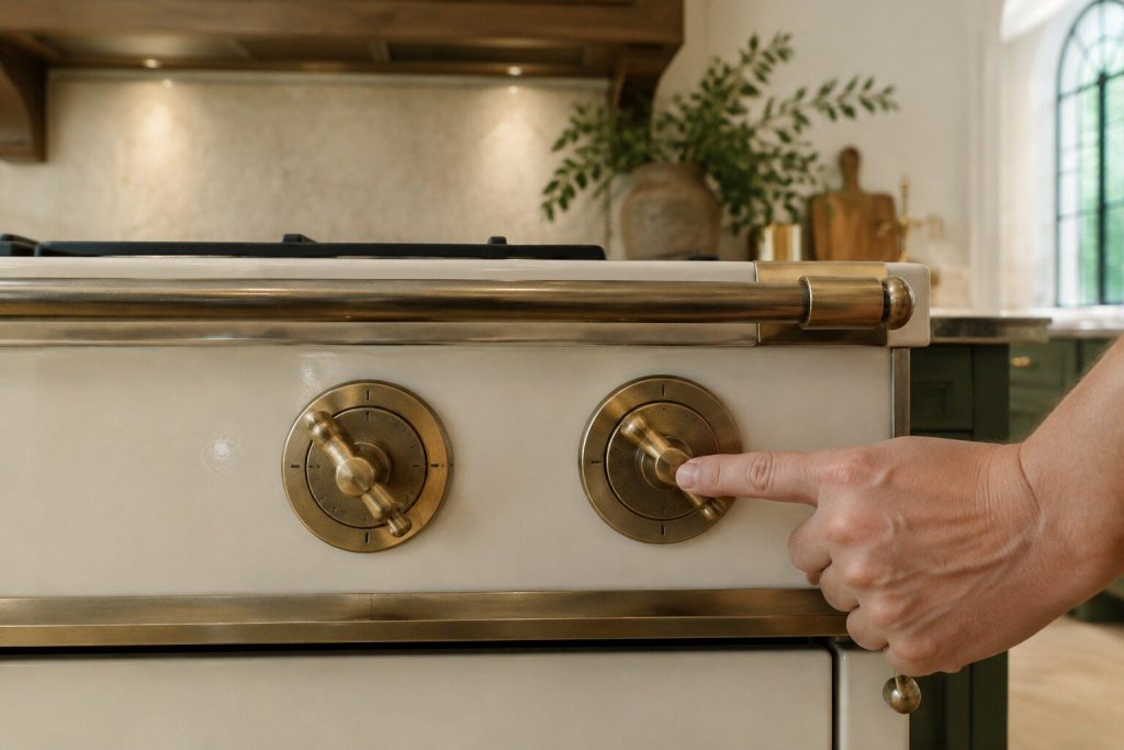 Two round brass dials side by side on an enameled fascia, one turned to the left and one to the right, a finger resting on the second.