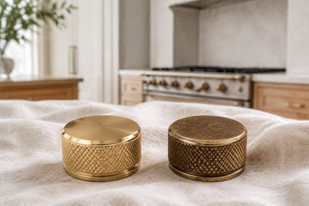Two round brass knobs lying side by side on a linen cloth, one polished bright and one dulled and finely scratched from decades of use.