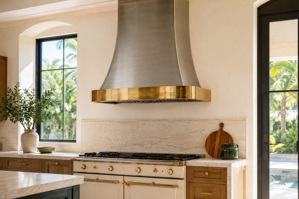 A tall hood canopy with a deep polished brass collar at the foot of its flue, mounted high on a cream wall in bright daylight, the canopy itself in brushed steel.
