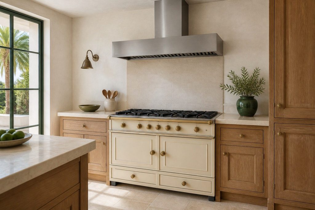 A compact stainless canopy hood mounted above a cream enameled range in a bright kitchen, matched to the range in width, a short flue running up to the ceiling above it.