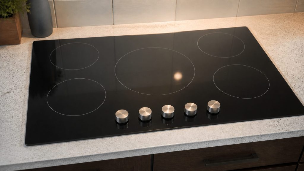 A black glass cooking surface with a row of steel control knobs along its front edge, dropped into a stone counter