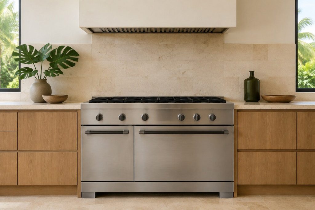 The front of a wide range finished in flat brushed steel with plain square-edged panels and slim dark handles, photographed square on in bright daylight.