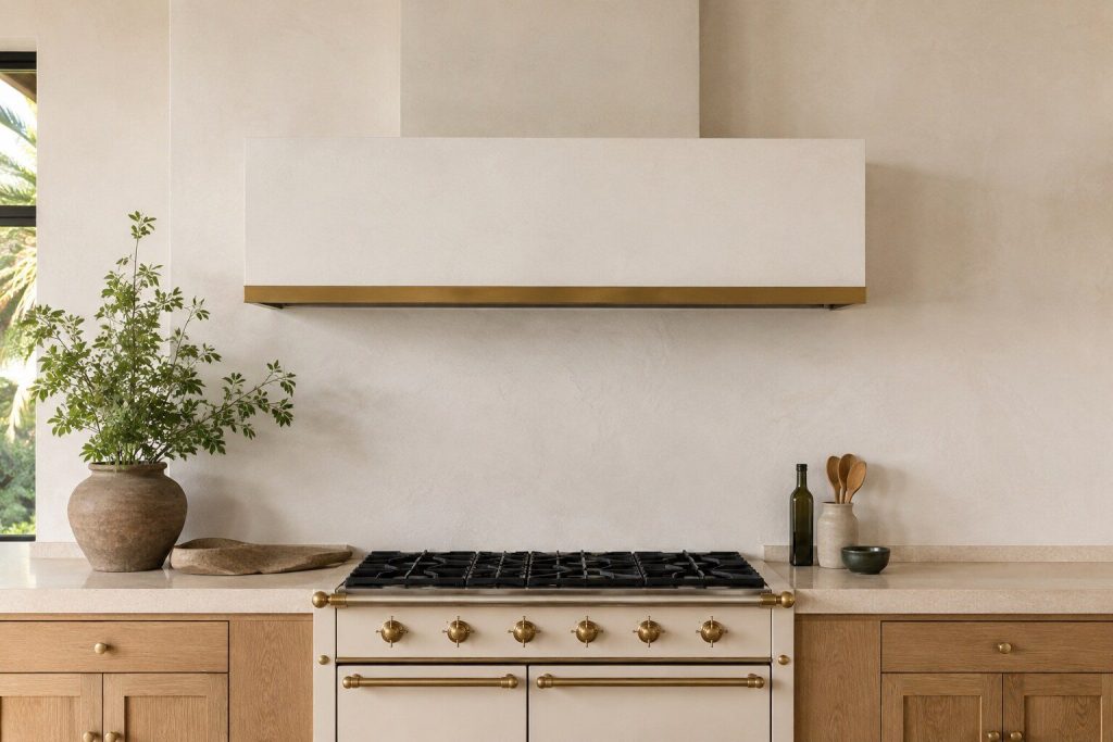 A wide flat-fronted hood canopy with a single band of antique brass across its lower edge, mounted straight on a pale plastered wall in daylight, the flue rising behind it to the ceiling.