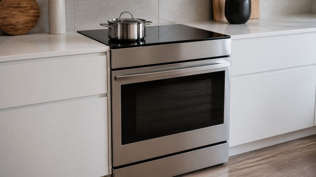 A stainless range with a smooth black induction top and one oven door below, in a run of white handleless cabinets, a pot on the near zone.