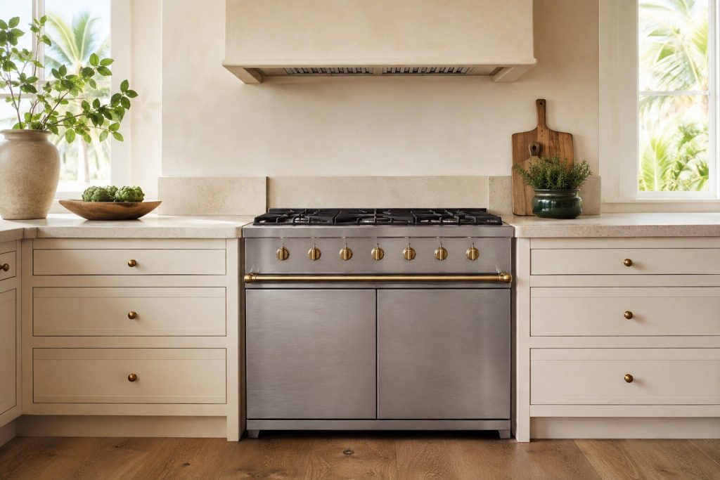 A narrower flat-fronted brushed steel range standing between pale limestone counters in a bright cream kitchen, two plain doors below and a slim rail across the front.