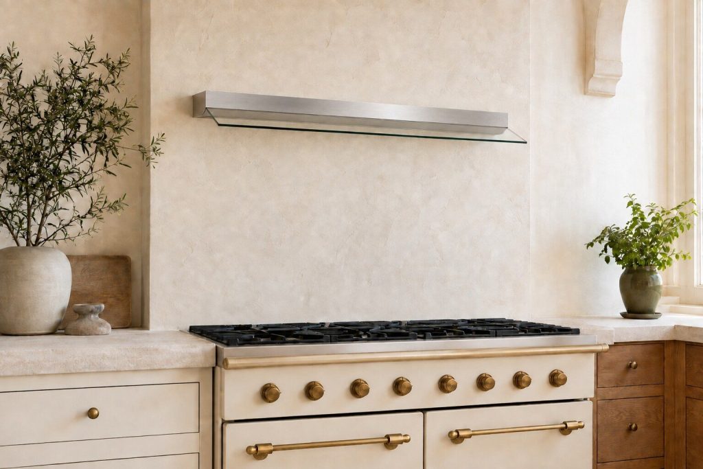 A slim wall-mounted hood with a flat glass visor angled out over a cooking surface in a bright cream kitchen, its stainless body shallow and plain, the wall behind it pale plaster.