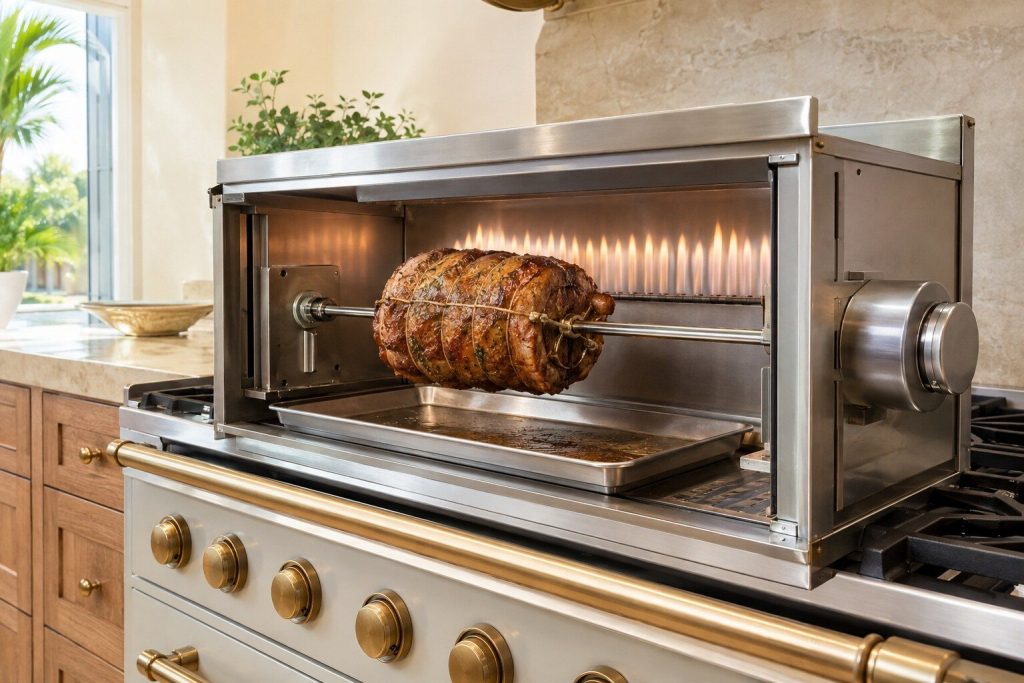 A horizontal spit rod carrying a trussed joint turning in front of a vertical gas burner inside an open stainless module, the flame a pale sheet behind it and a drip tray catching below.