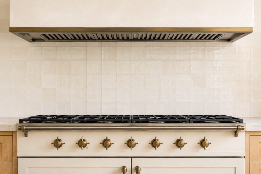 The gap between the top of a wide cream range and the lower edge of the hood above it, photographed square on in daylight so the two horizontal edges run parallel right across the frame with pale wall tile between them.