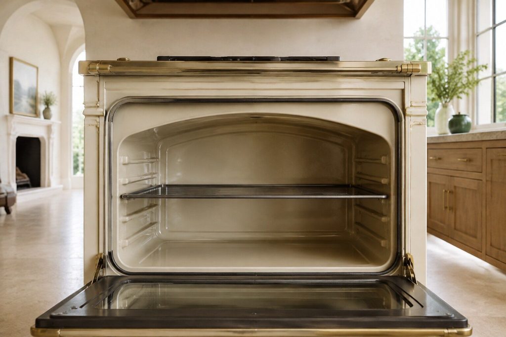 The inside of an empty oven with an arched vaulted ceiling, door open, warm daylight falling in from the kitchen and catching the pale enamel of the curve.