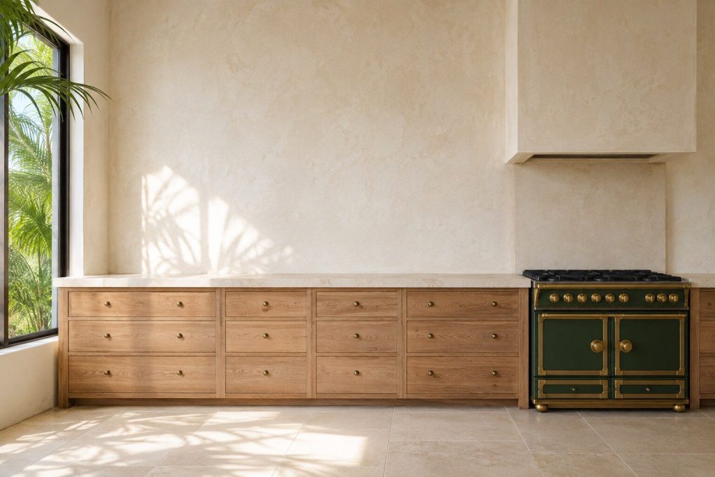 A long run of a warm cream kitchen photographed straight on in daylight: pale limestone counter, oak drawer fronts below it, a plain plaster wall above, one heavy free-standing range cooker at the far end under a chimney hood.