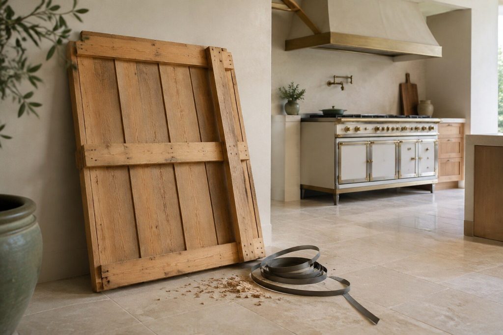 A section of heavy timber shipping crate wall leaning against a plastered wall in a bright empty room, its steel strapping cut and coiled on the floor beside it, wood shavings on the tiles.
