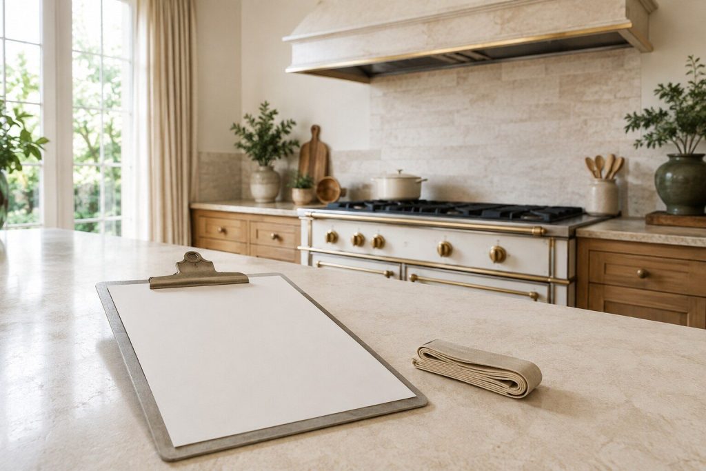 A metal clipboard holding a blank sheet of paper set down on a pale stone counter beside a folded tape measure, warm daylight from one side.