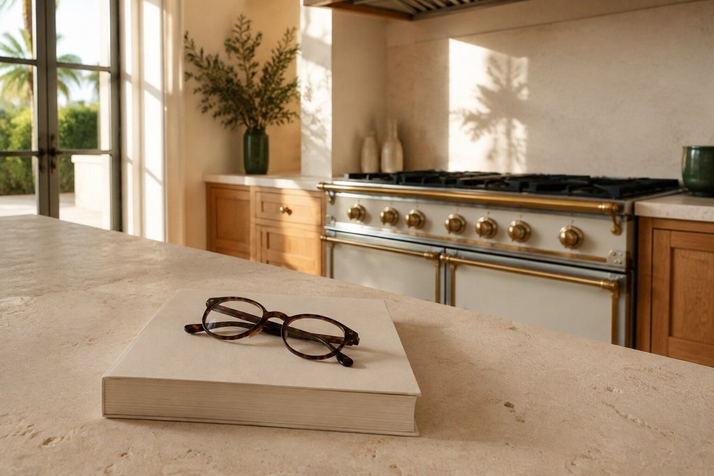 A thick paper booklet lying closed on a pale limestone counter in warm daylight, its cover plain and unprinted, a pair of reading glasses folded on top of it.