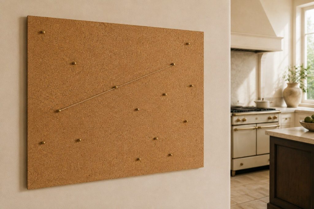A plain corkboard on a pale wall in daylight holding a scatter of brass map pins and a length of thin cord between two of them.