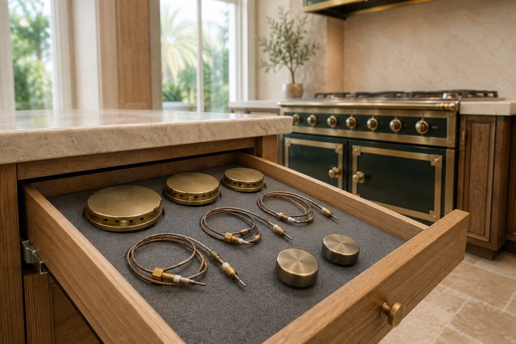 A shallow workshop drawer pulled open in daylight holding brass burner caps, a few thermocouples coiled, and two round knobs, all laid out on plain gray foam.