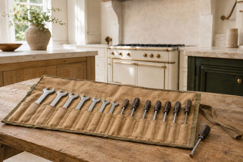 A canvas tool roll opened flat on a timber bench in daylight, spanners and screwdrivers in their loops, one nut driver lying beside it.