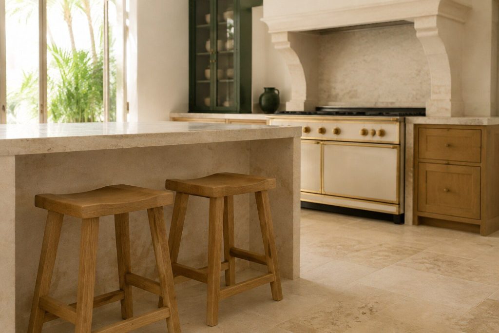 Two oak stools drawn up at the end of a pale limestone island in a warm cream kitchen, photographed low in soft daylight, nothing on the counter.