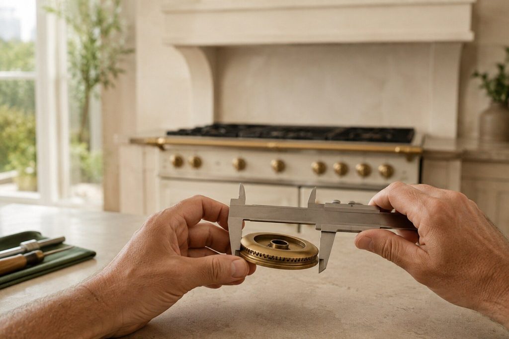 Two hands holding a vernier caliper across a brass burner cap over a bench in daylight, the caliper scale turned away from the camera and unreadable.