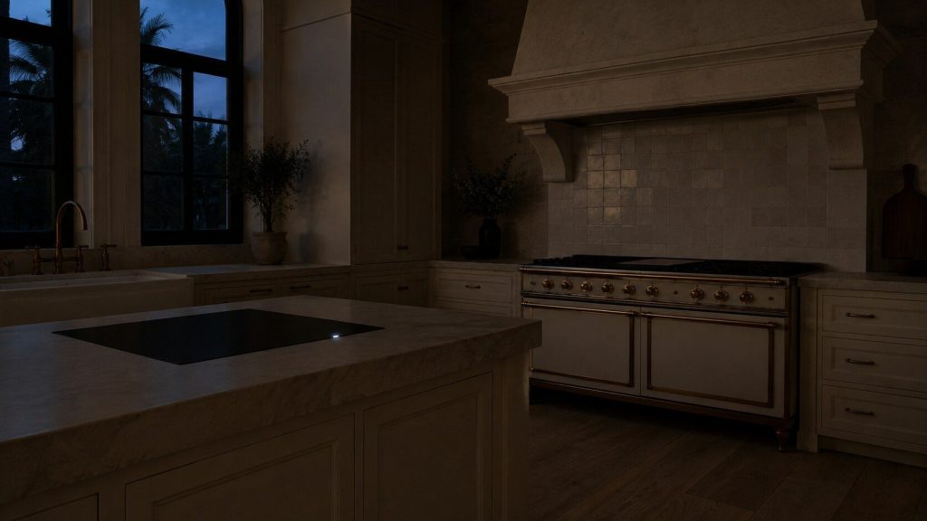 A wide cream kitchen at dusk where the only light in the room is a small pale indicator glow at the edge of a cooking surface on a limestone island, everything else — the cabinetry, the chimney hood on the far wall, the floor — sunk in warm shadow.