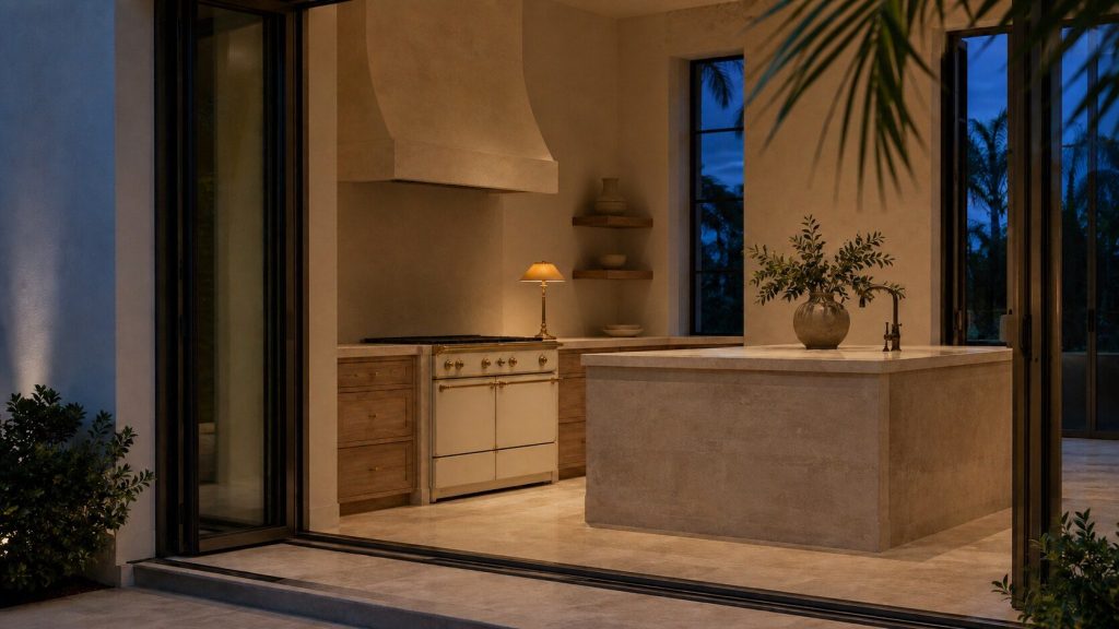 A cream kitchen photographed from the terrace outside through wide open glass doors in the blue half hour after sunset, one warm lamp lit inside over a limestone counter and the rest of the room in soft shadow.